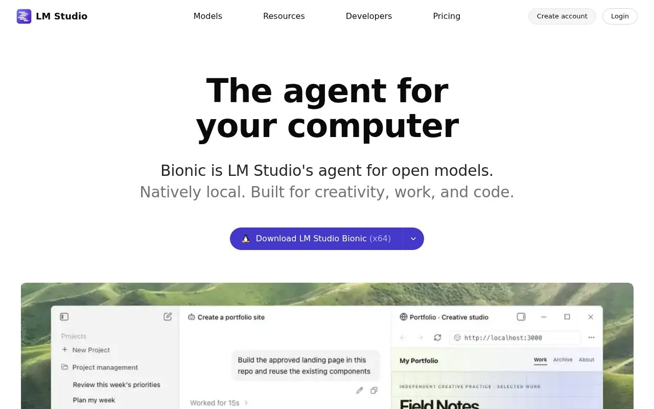 Screenshot of the LM Studio Bionic homepage