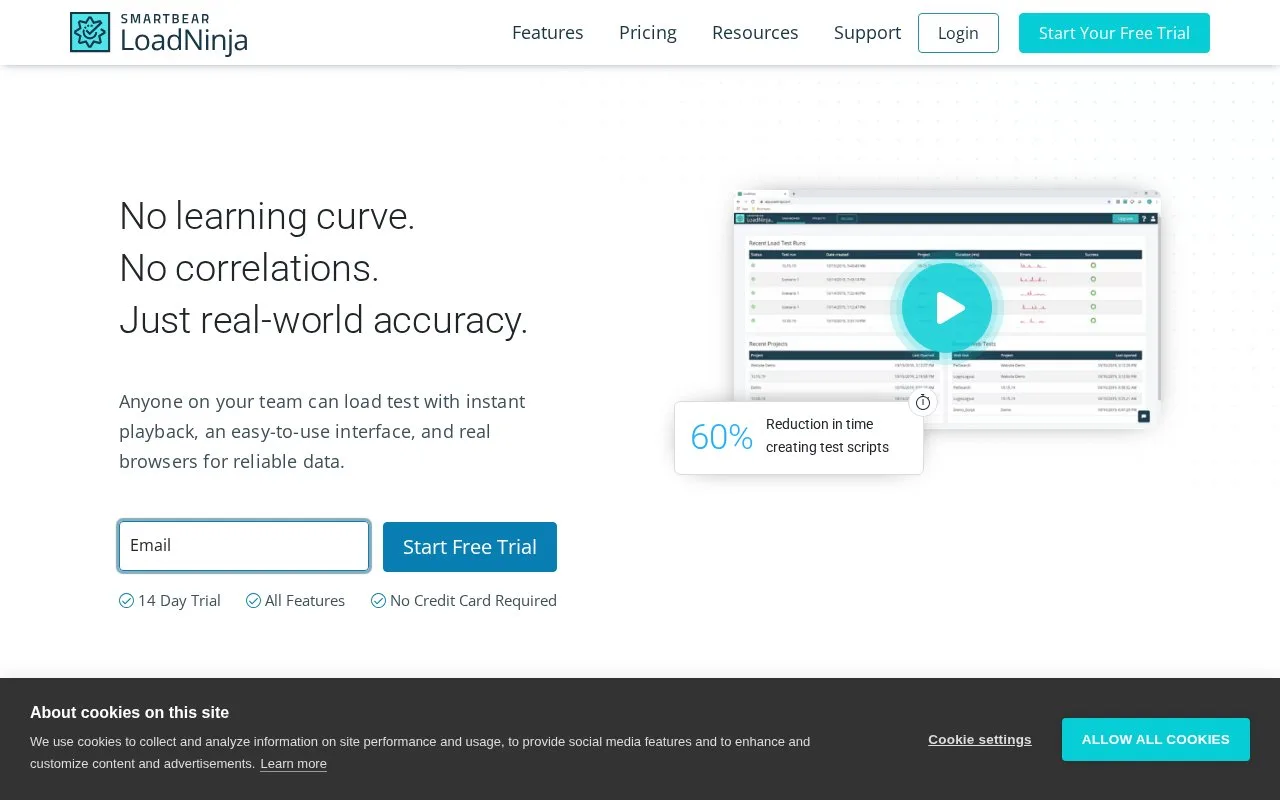 Screenshot of the LoadNinja homepage