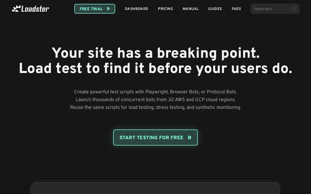 Screenshot of the Loadster homepage