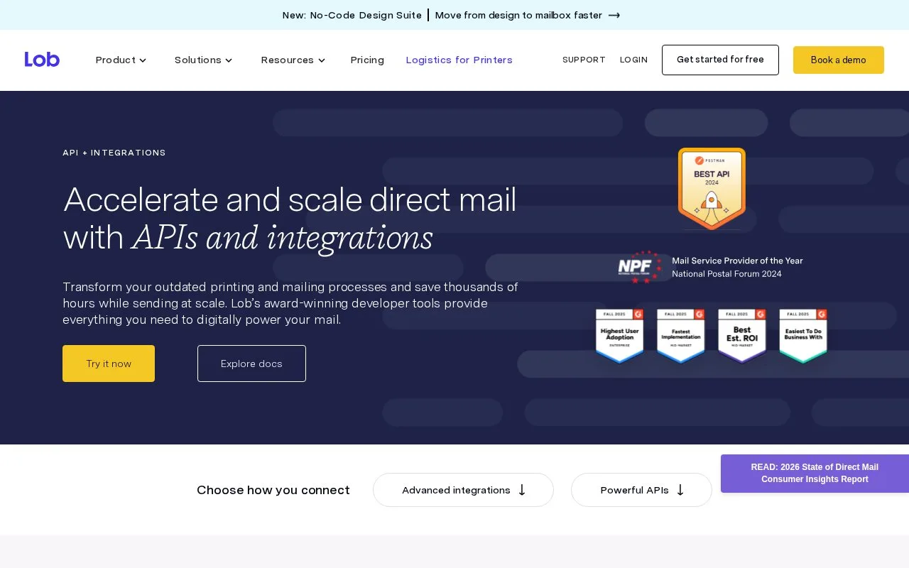 Screenshot of the Lob Print & Mail API homepage