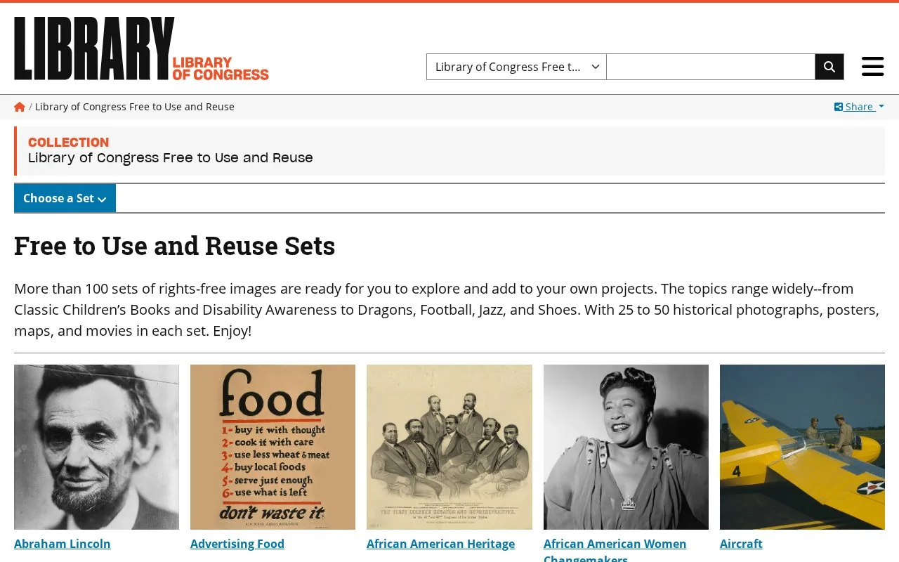 Screenshot of the Library of Congress Free to Use and Reuse homepage