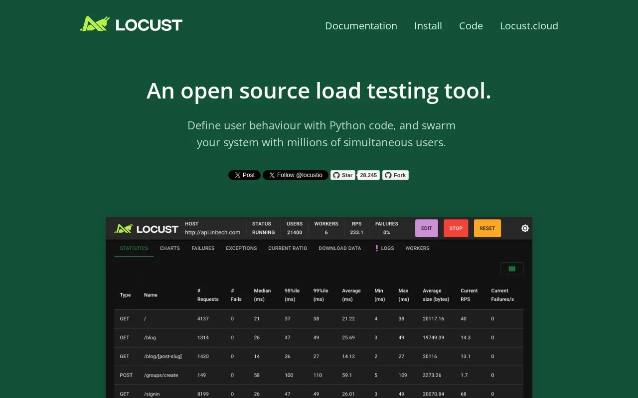 Screenshot of the Locust homepage
