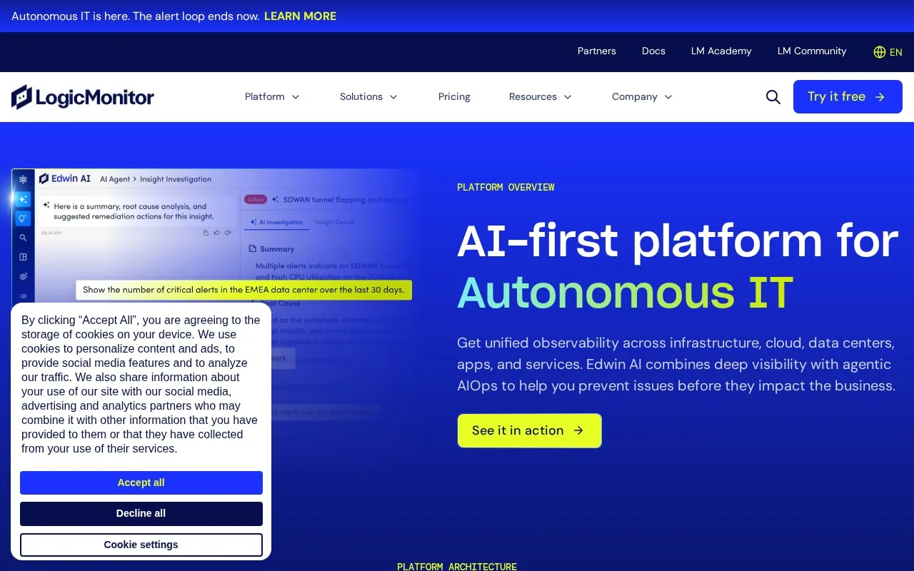 Screenshot of the LogicMonitor homepage