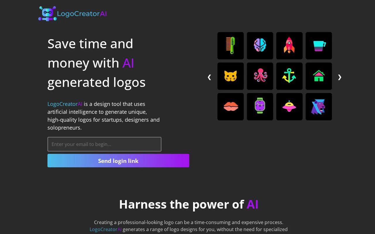 Screenshot of the LogoCreatorAI homepage