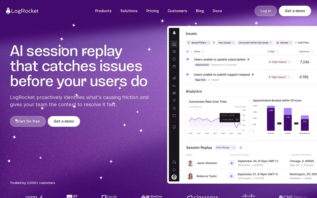 Screenshot of the LogRocket homepage