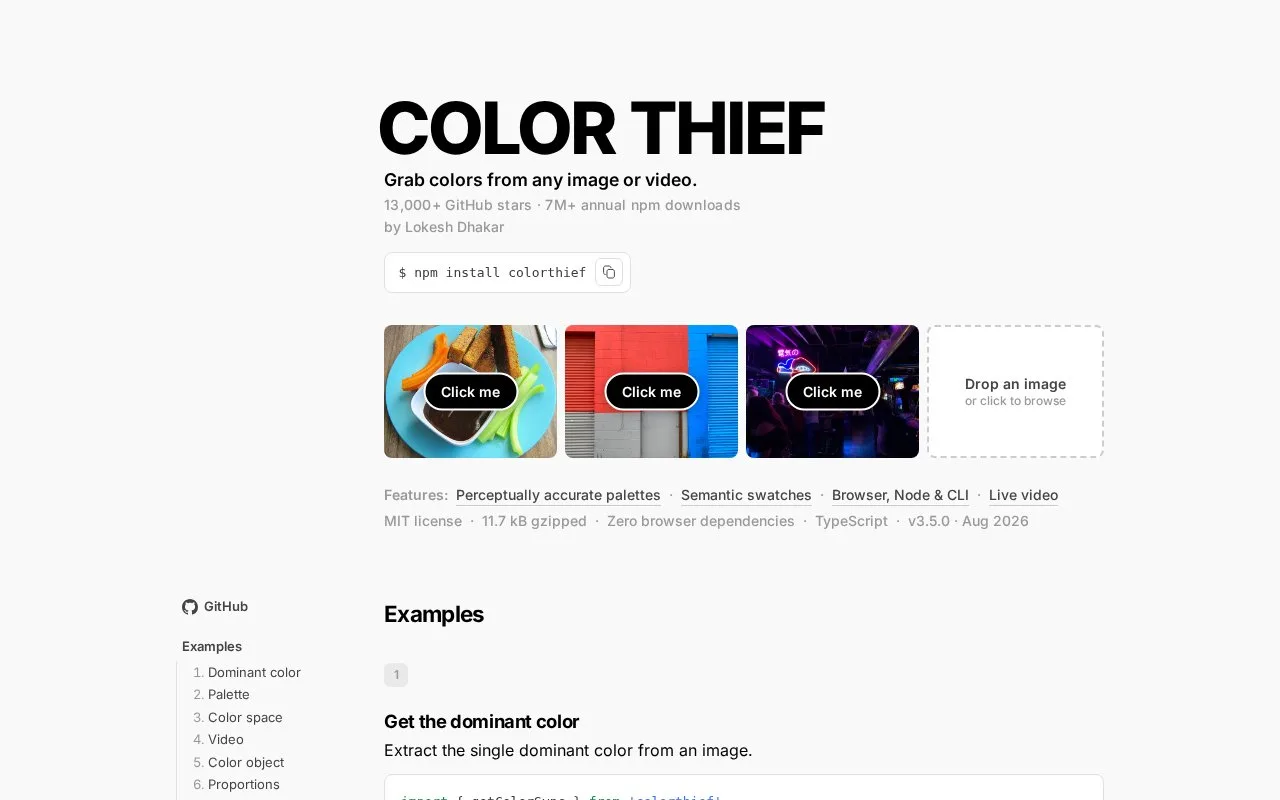 Screenshot of the Color Thief homepage