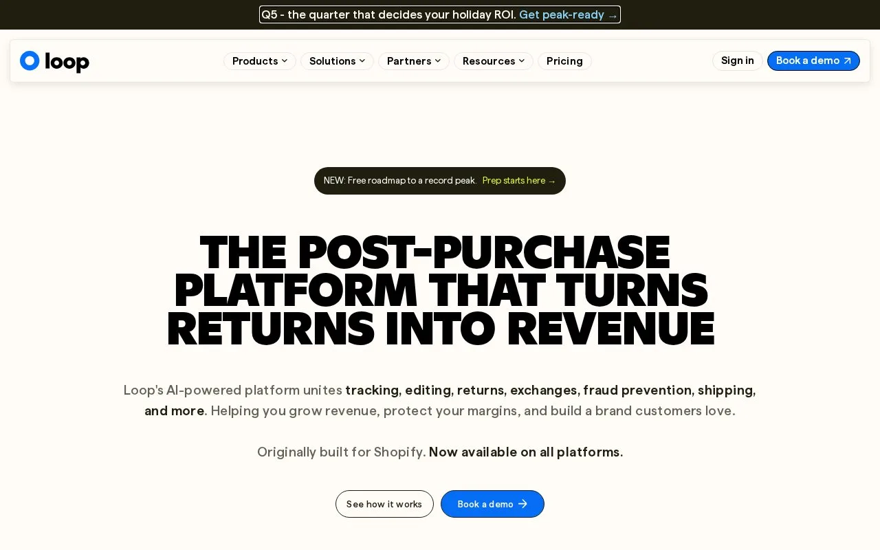 Screenshot of the Loop Returns homepage