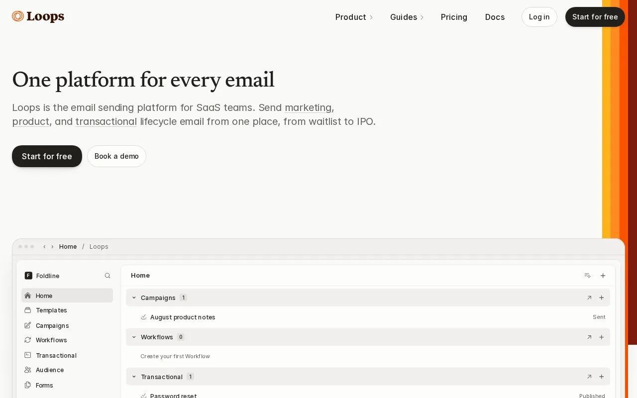 Screenshot of the Loops homepage