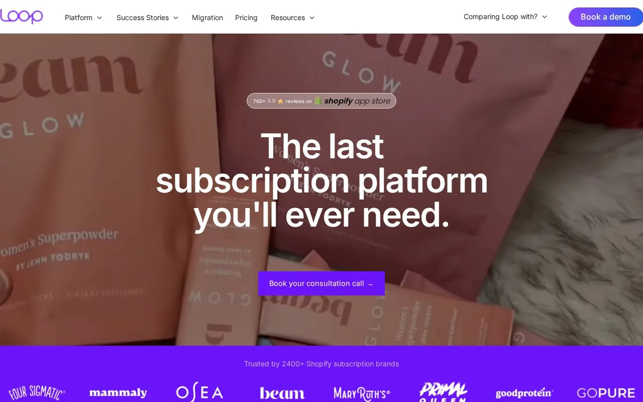 Screenshot of the Loop Subscriptions homepage
