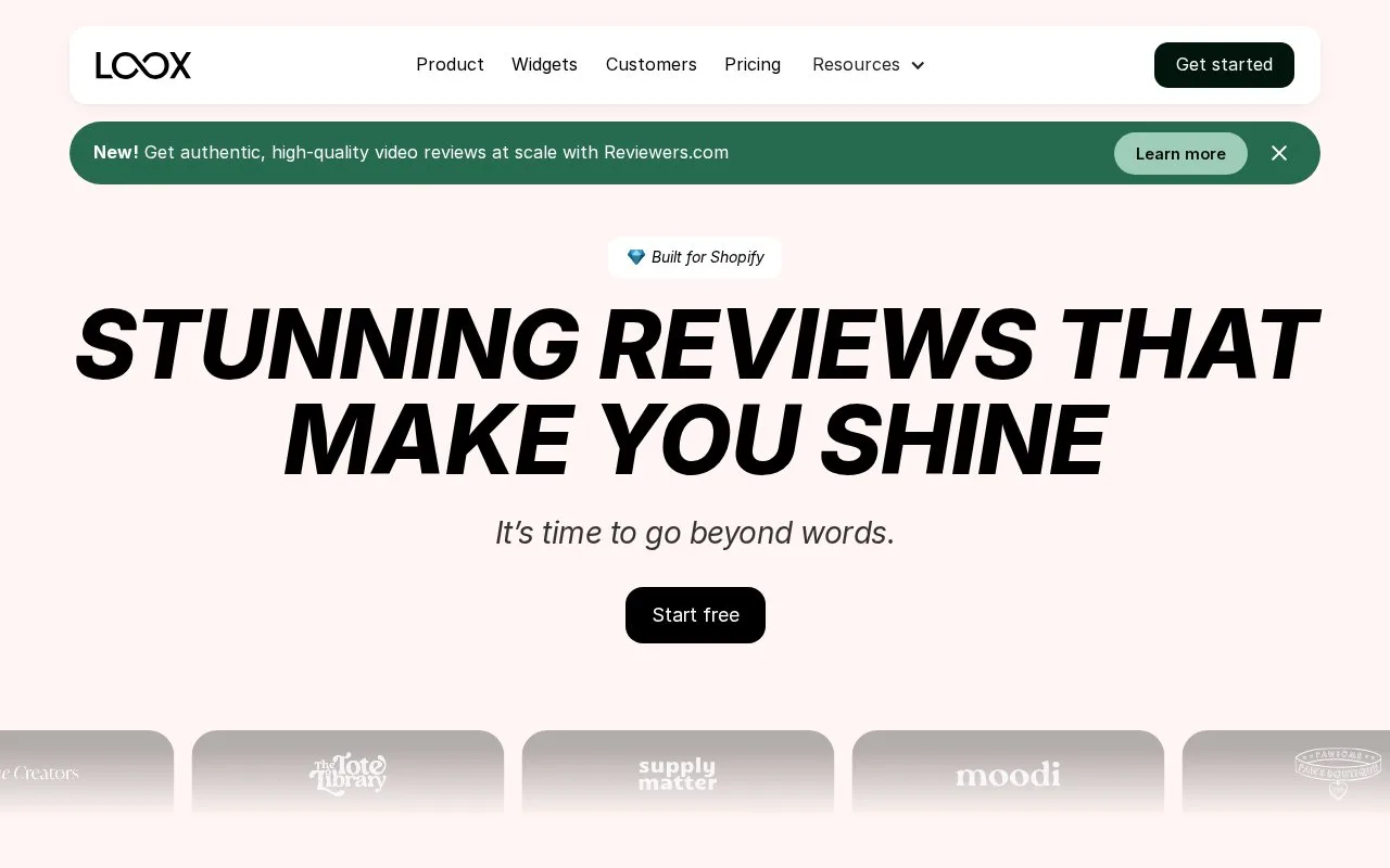 Screenshot of the Loox homepage