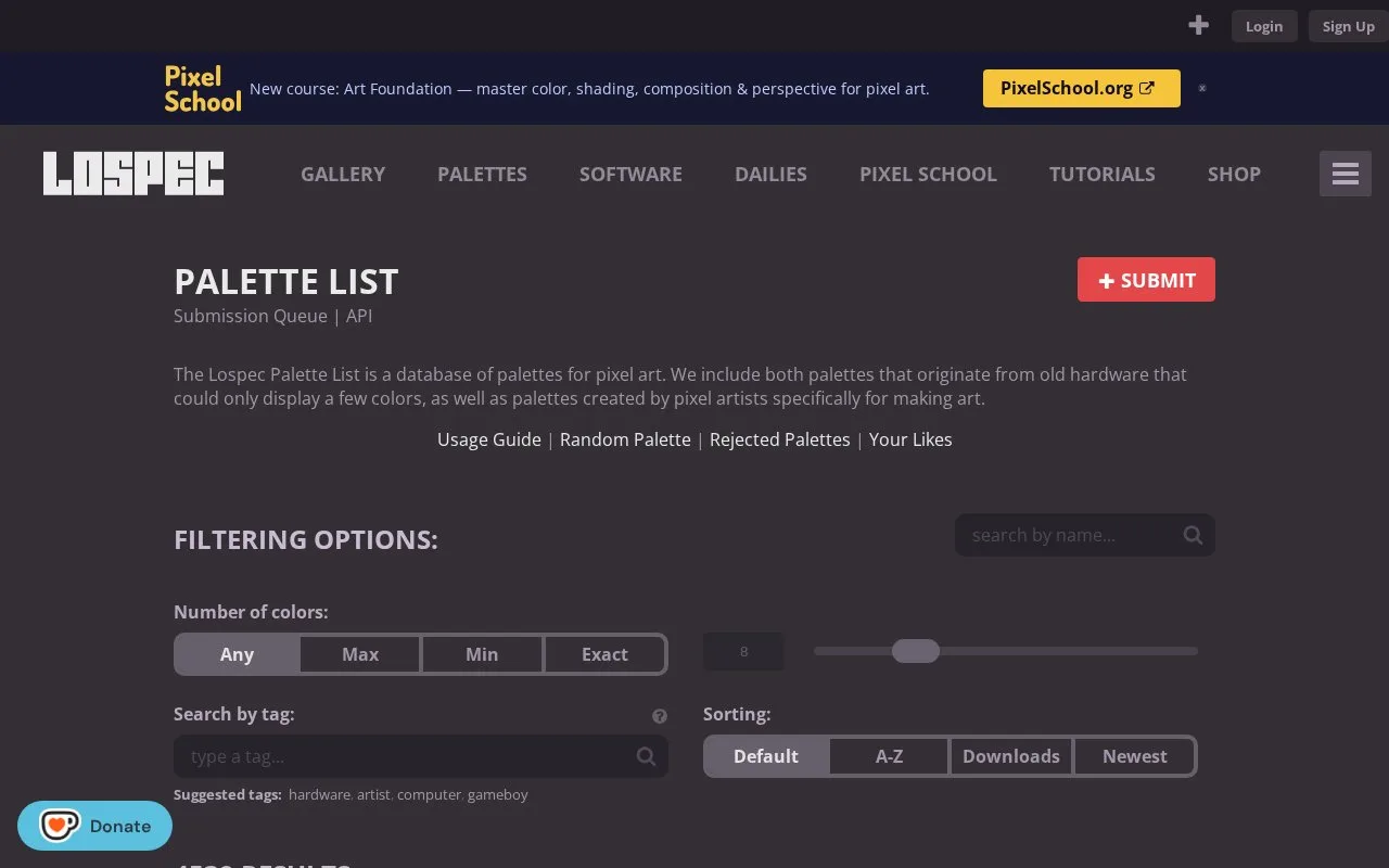 Screenshot of the Lospec homepage