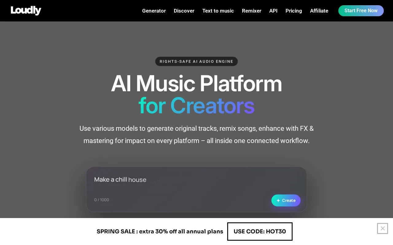 Screenshot of the Loudly homepage