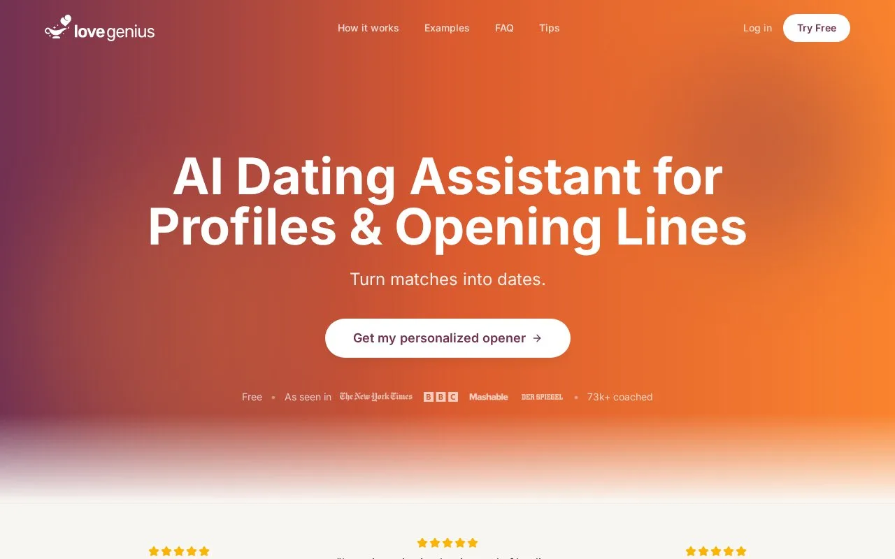 Screenshot of the LoveGenius homepage
