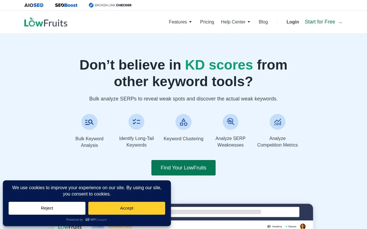 Screenshot of the LowFruits homepage