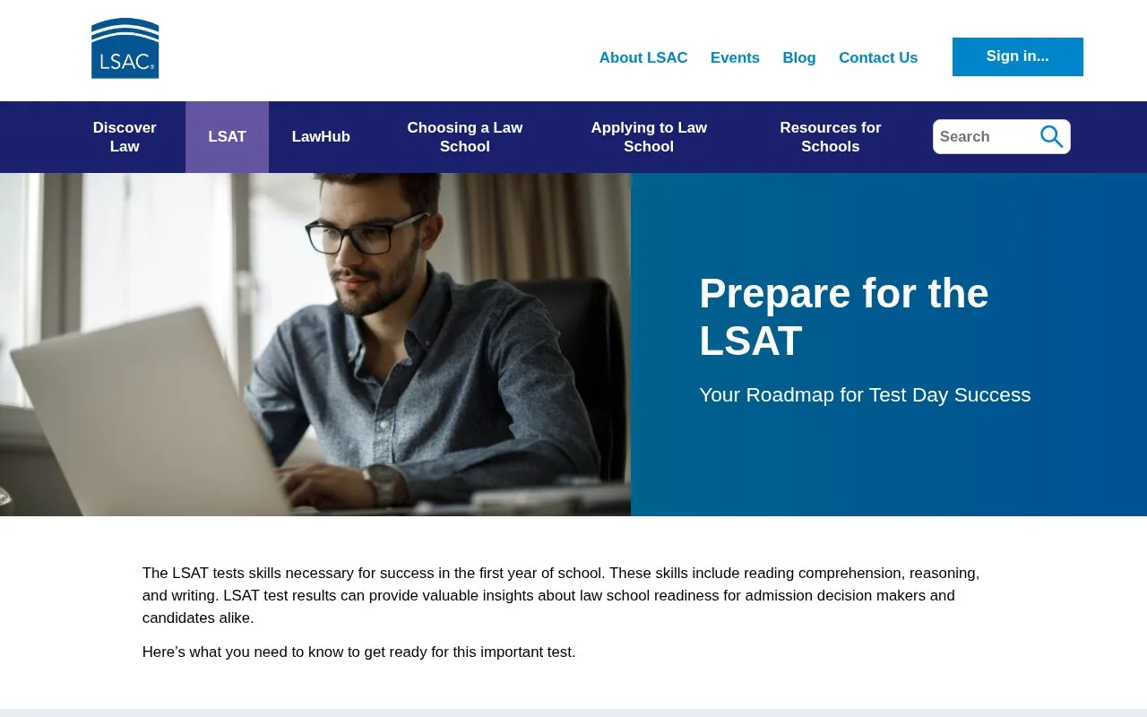 Screenshot of the LSAC LawHub LSAT Prep homepage