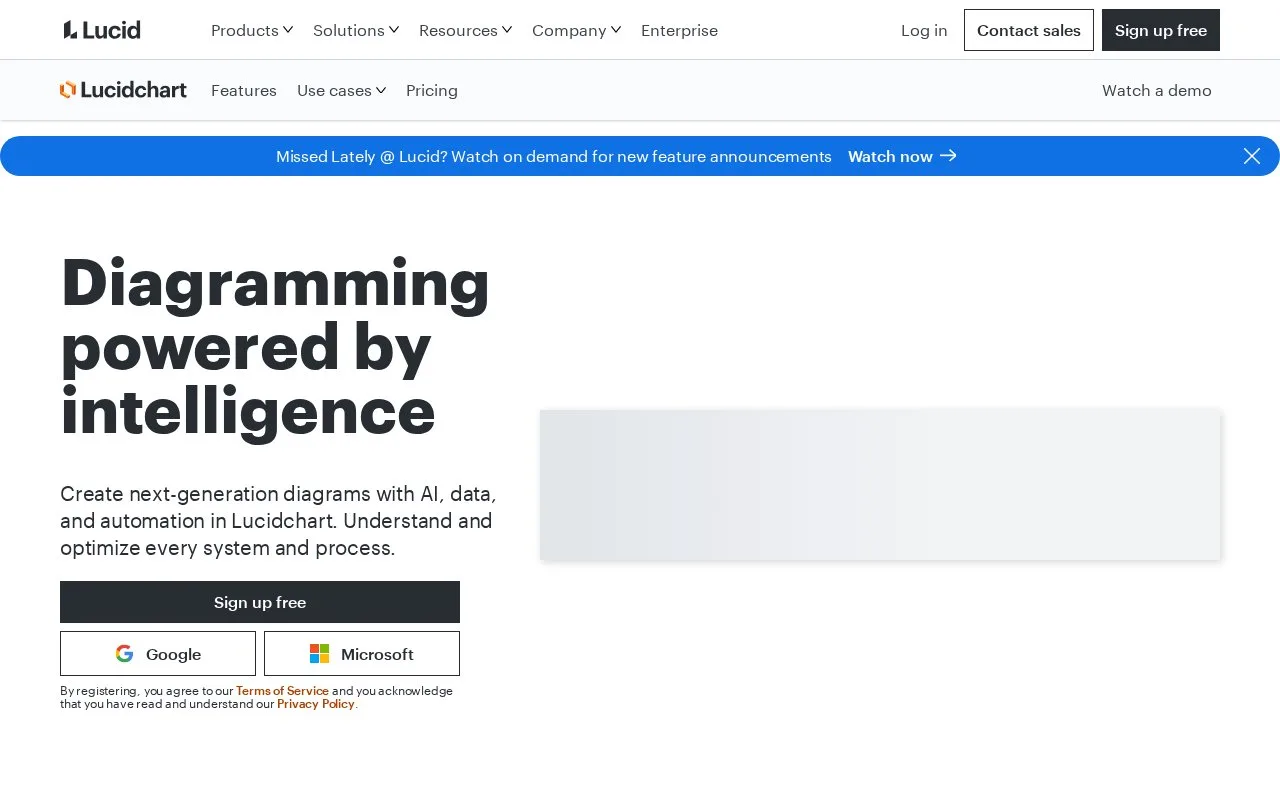Screenshot of the Lucidchart homepage