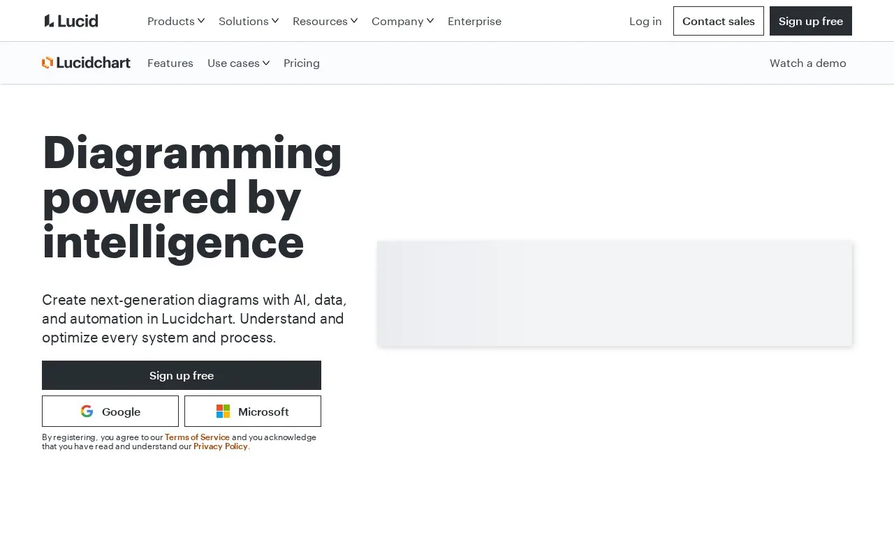 Screenshot of the Lucidchart homepage