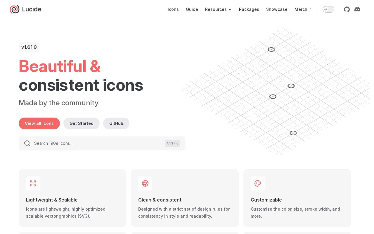 Screenshot of the Lucide homepage