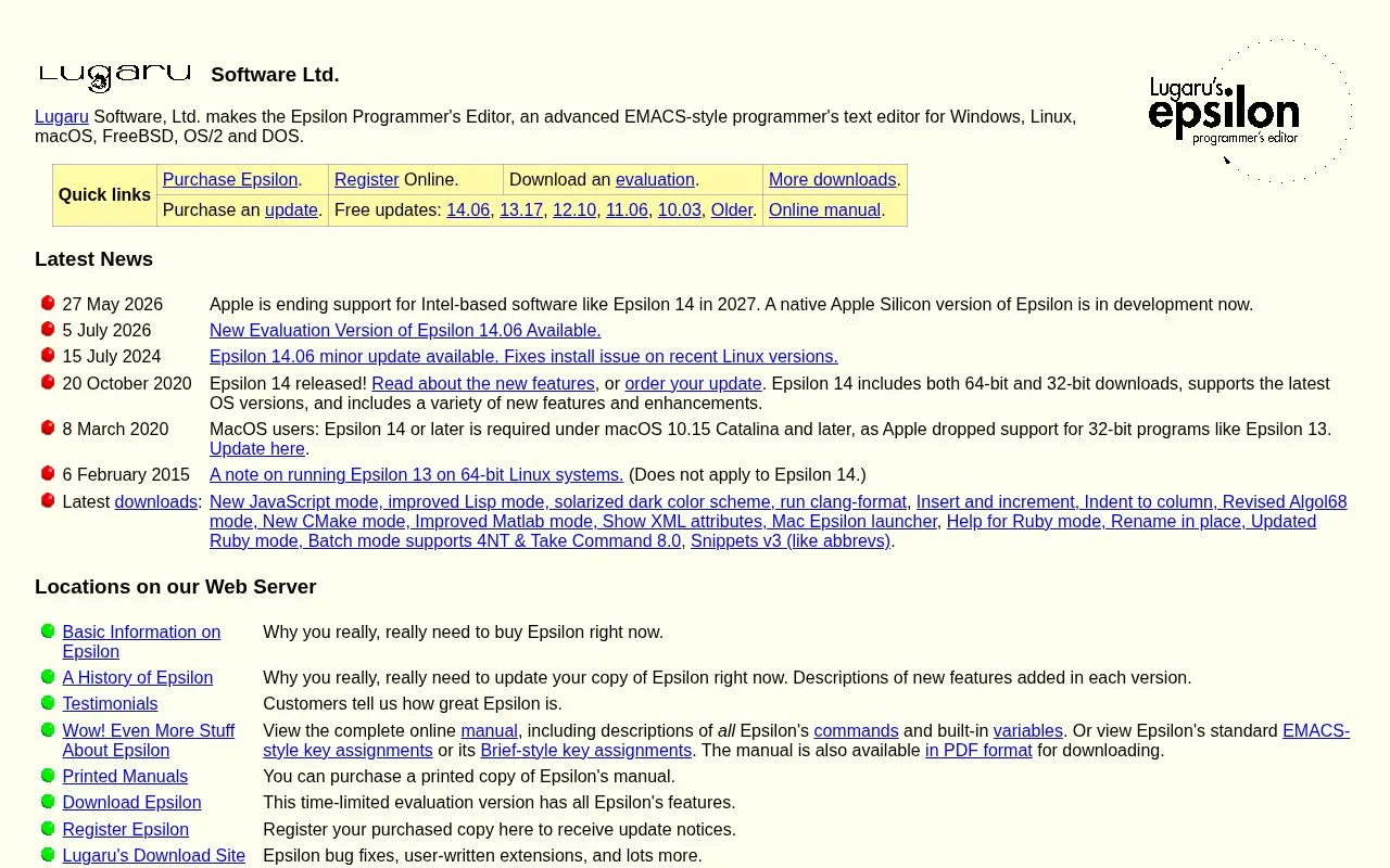 Screenshot of the Epsilon Programmer's Editor homepage