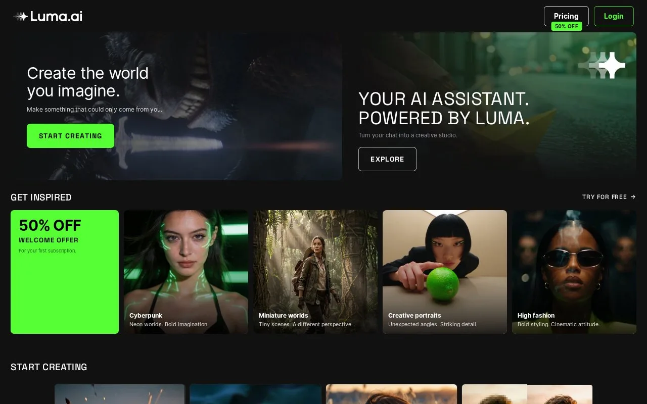 Screenshot of the Luma AI homepage