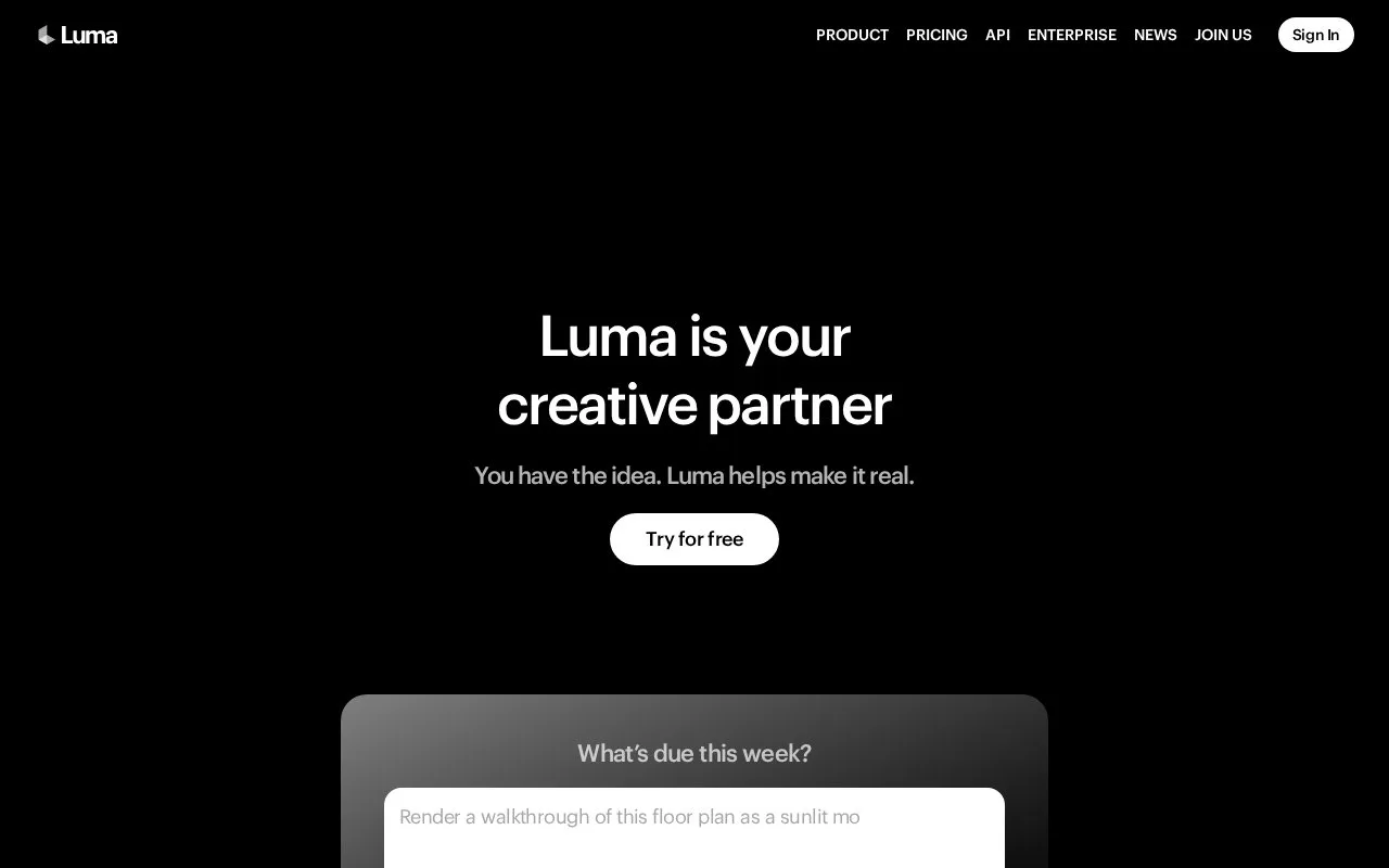 Screenshot of the Luma homepage
