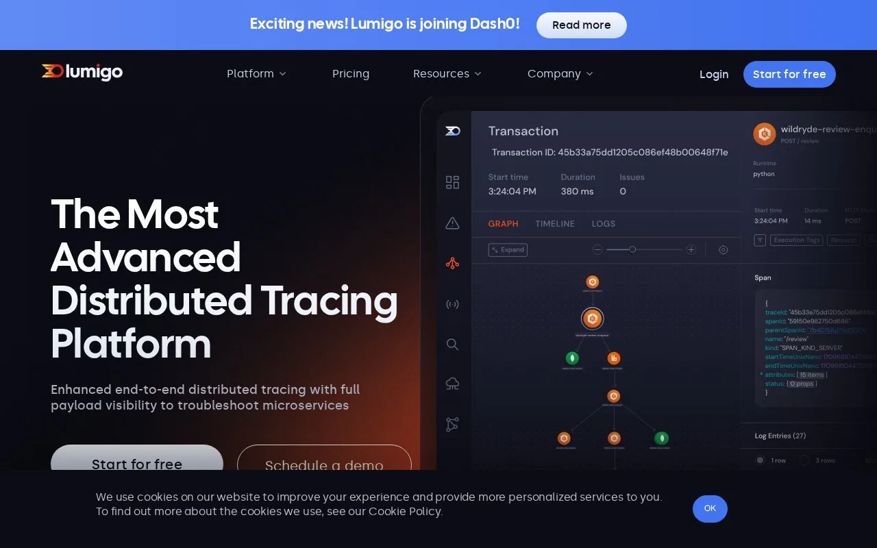 Screenshot of the Lumigo homepage