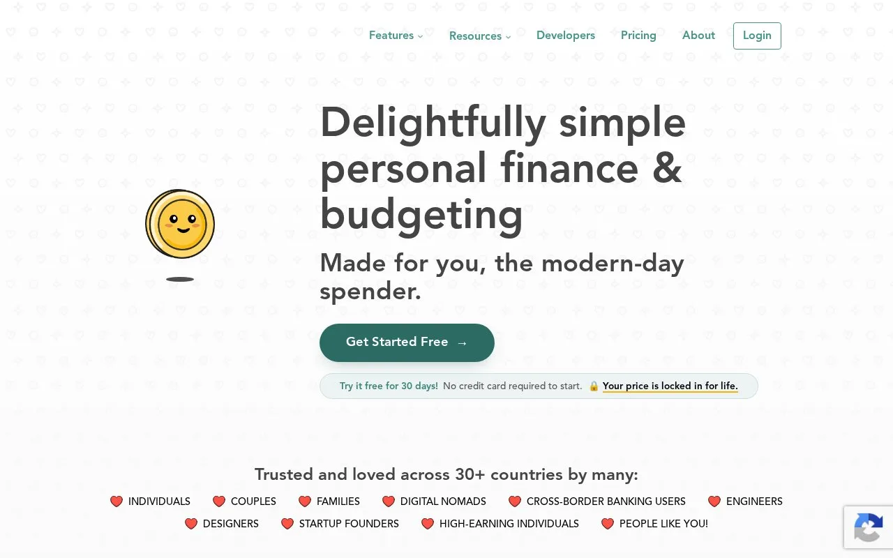 Screenshot of the Lunch Money homepage