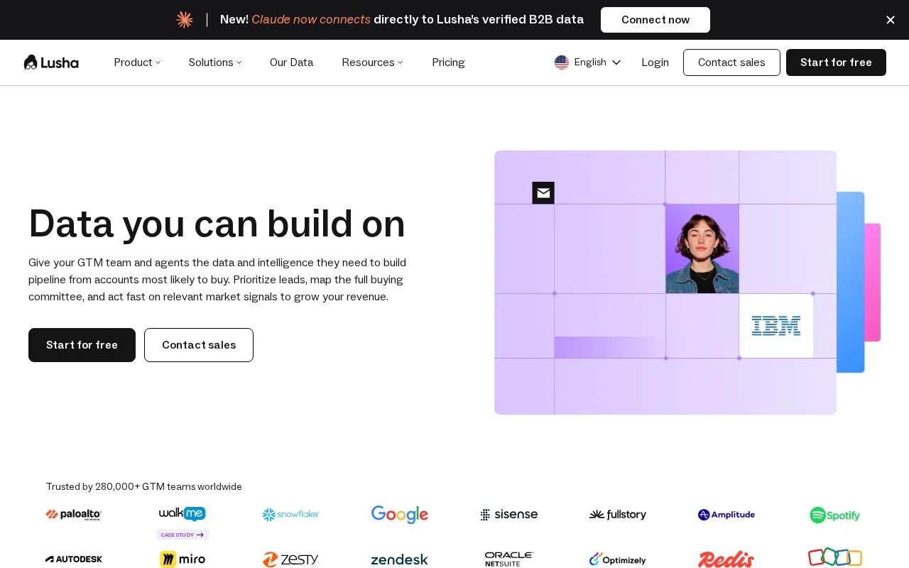Screenshot of the Lusha homepage