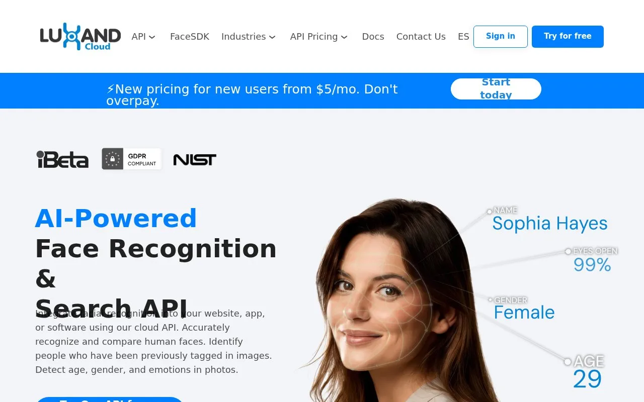 Screenshot of the Luxand.cloud homepage