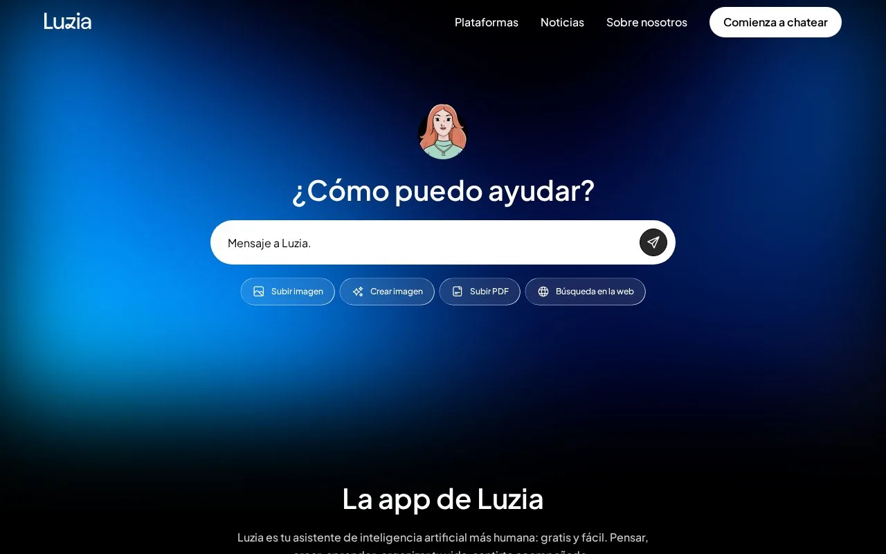 Screenshot of the Luzia homepage