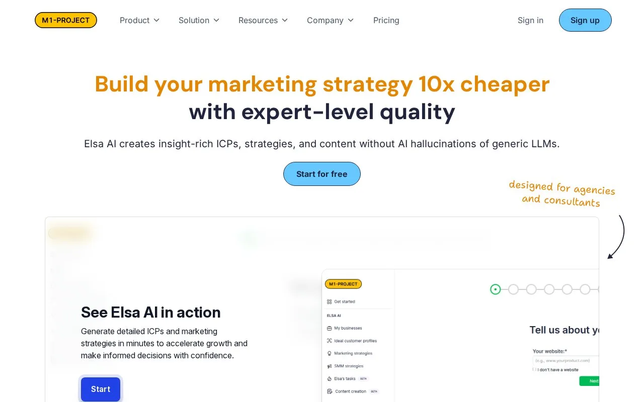 Screenshot of the Elsa AI homepage