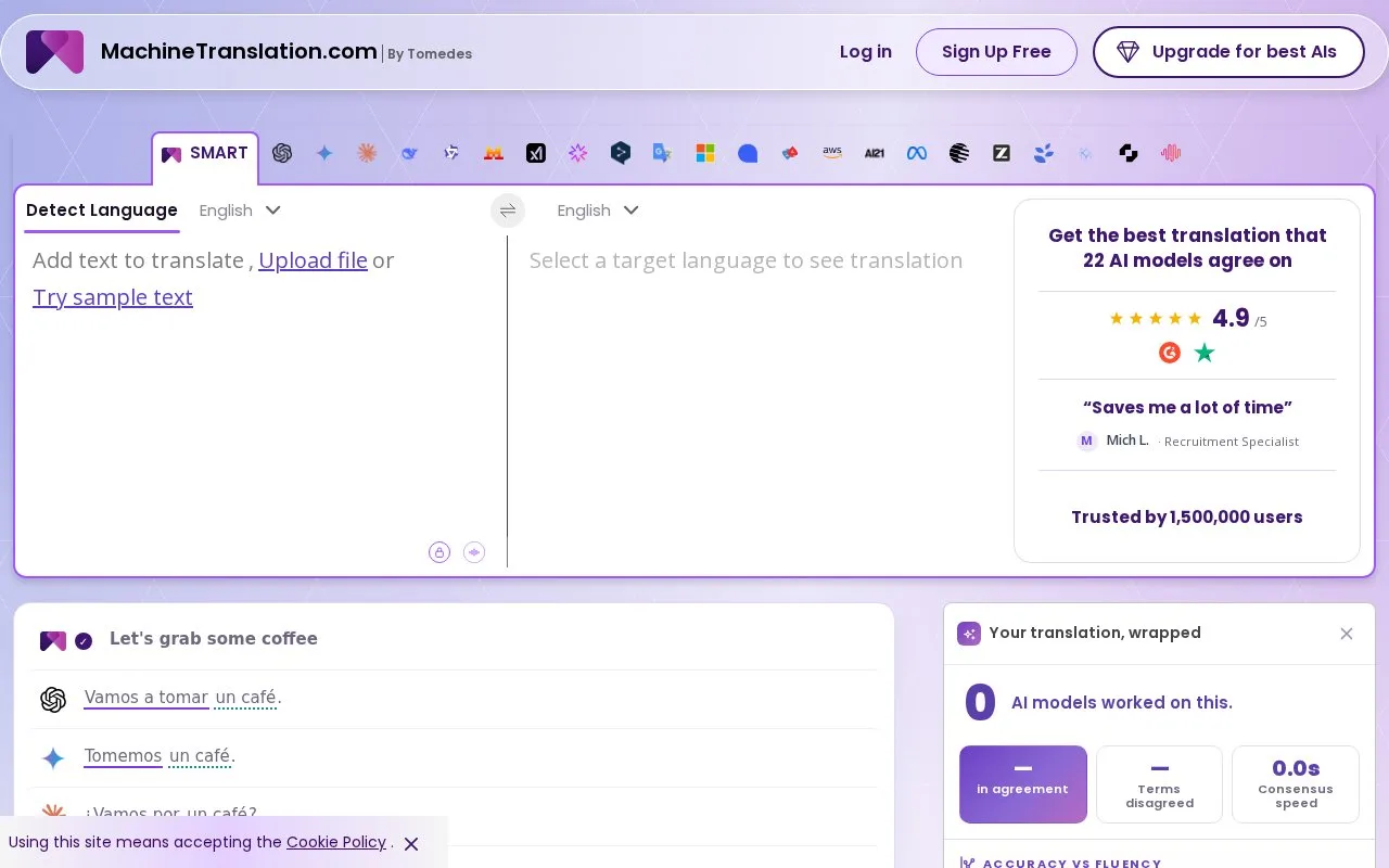 Screenshot of the MachineTranslation.com homepage