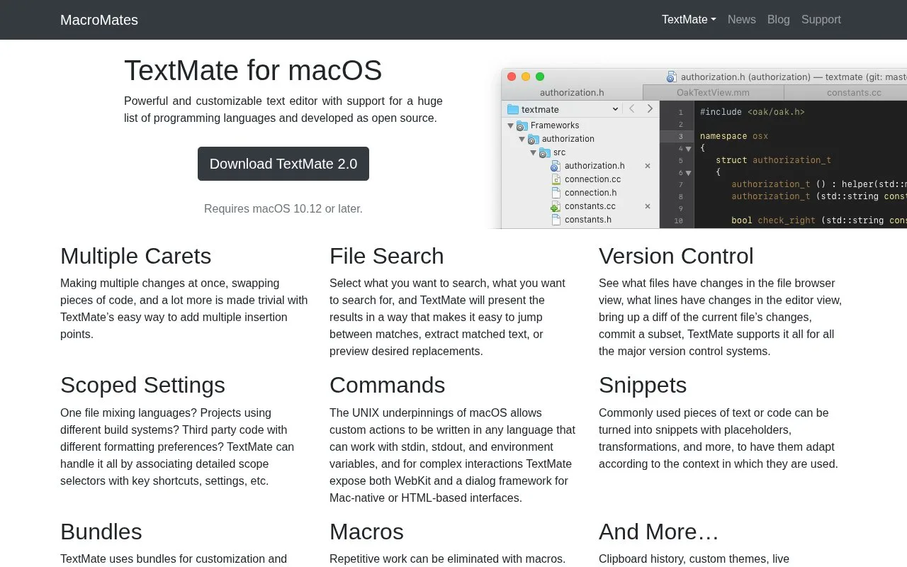 Screenshot of the TextMate 2 homepage