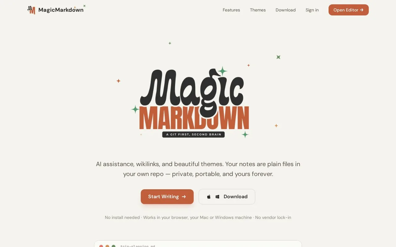Screenshot of the MagicMarkdown homepage