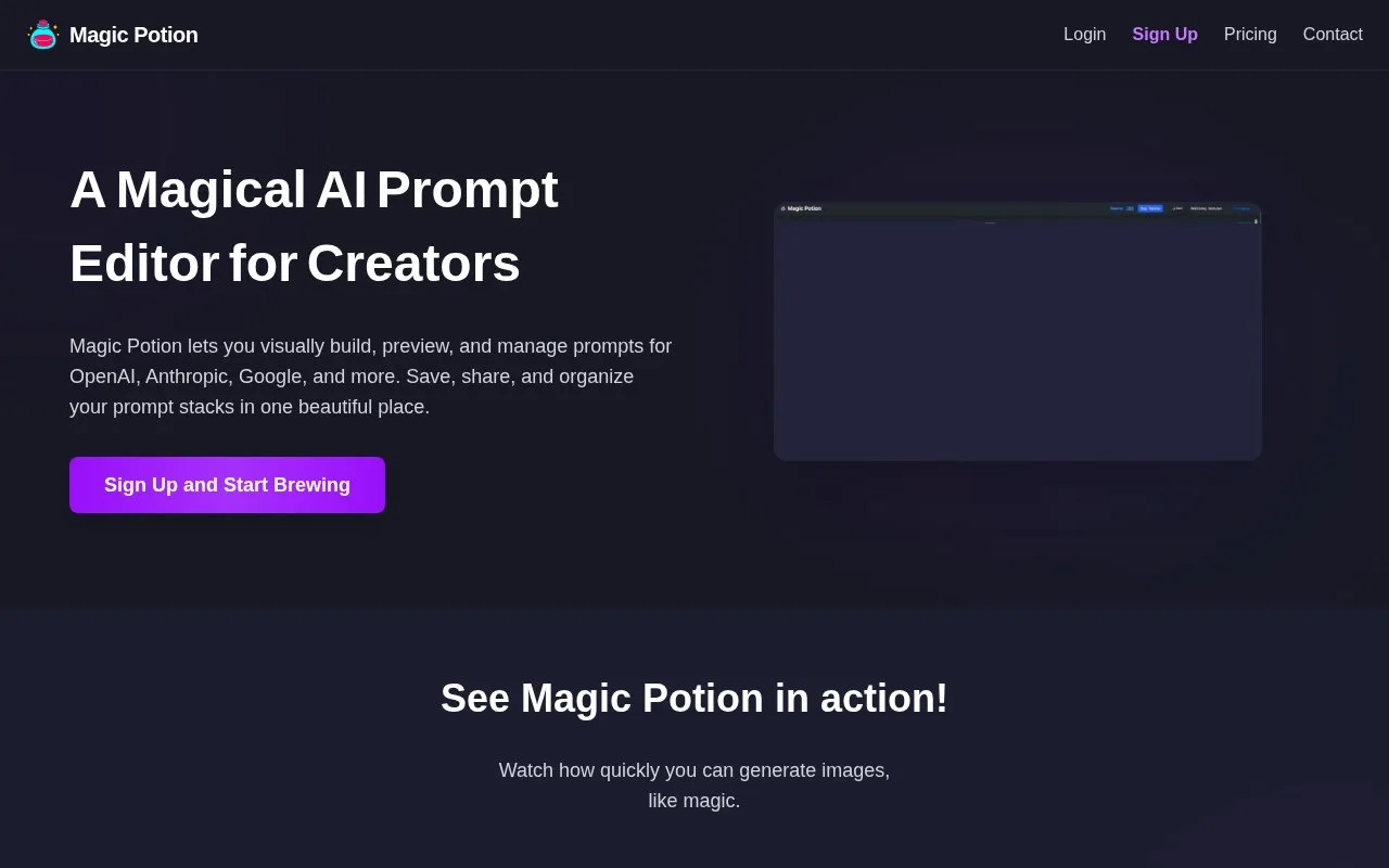 Screenshot of the Magic Potion homepage
