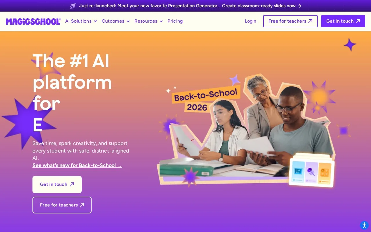 Screenshot of the MagicSchool homepage