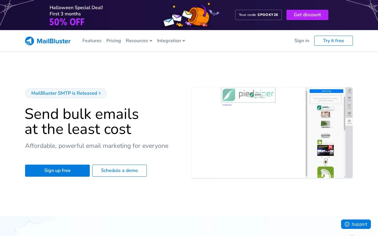 Screenshot of the MailBluster homepage