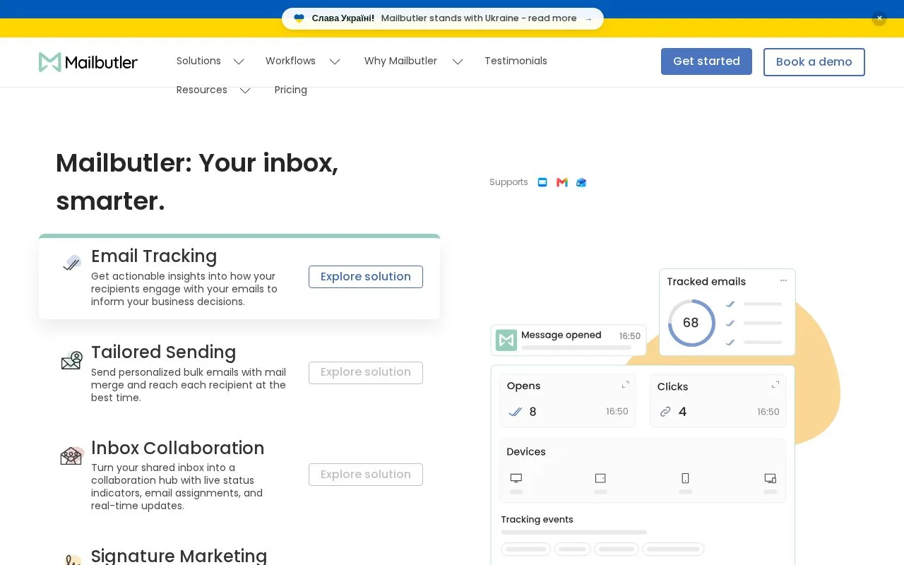 Screenshot of the Mailbutler homepage