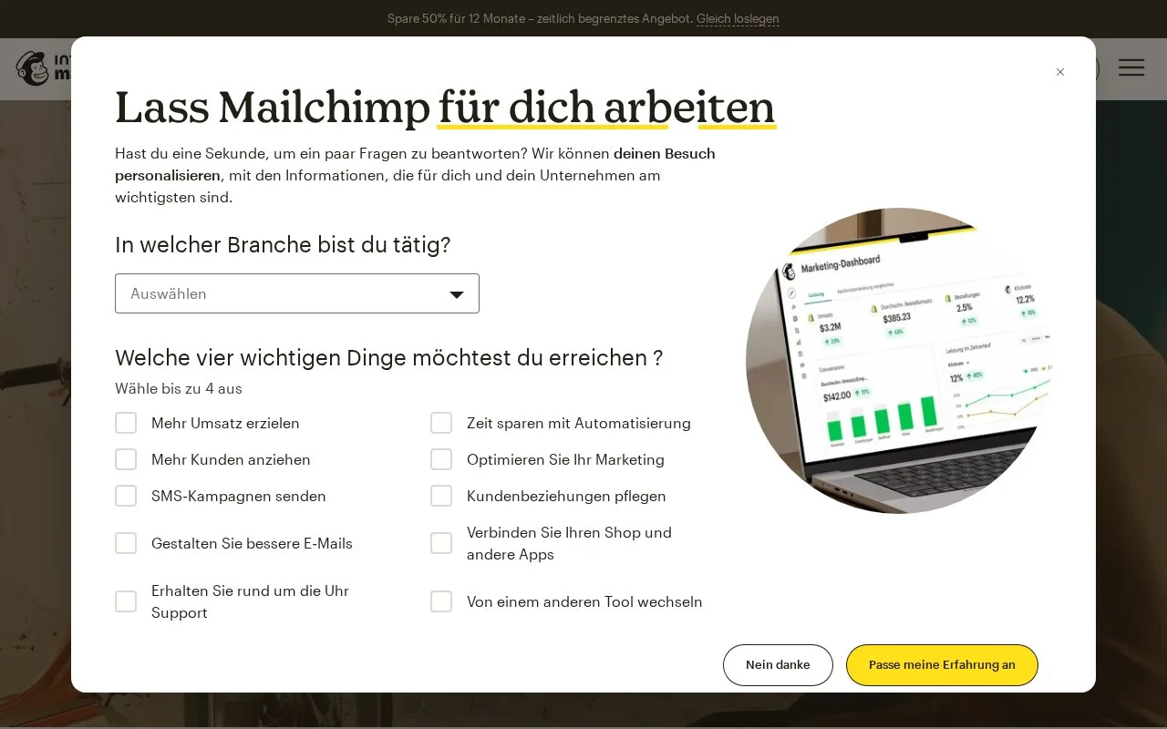 Screenshot of the Mailchimp homepage