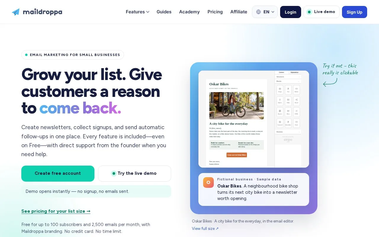 Screenshot of the Maildroppa homepage