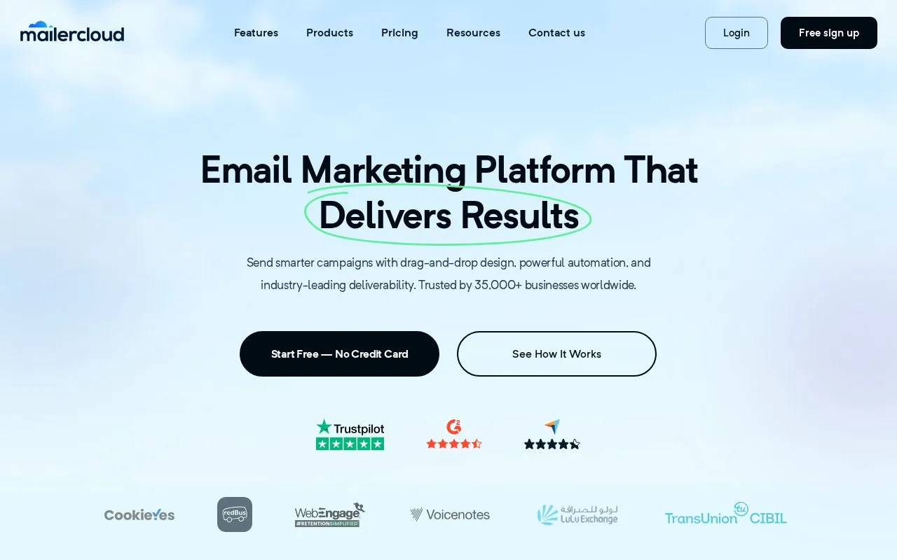 Screenshot of the Mailercloud homepage