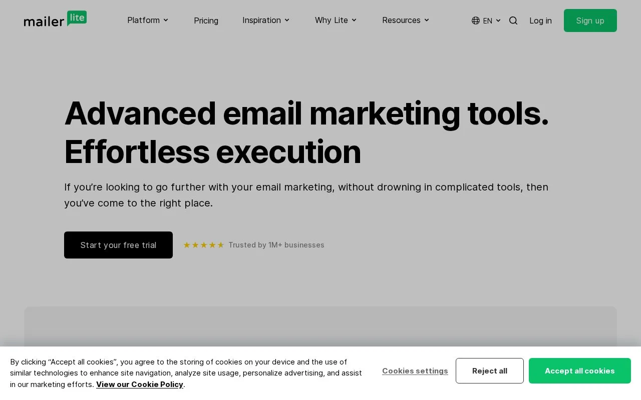 Screenshot of the MailerLite homepage
