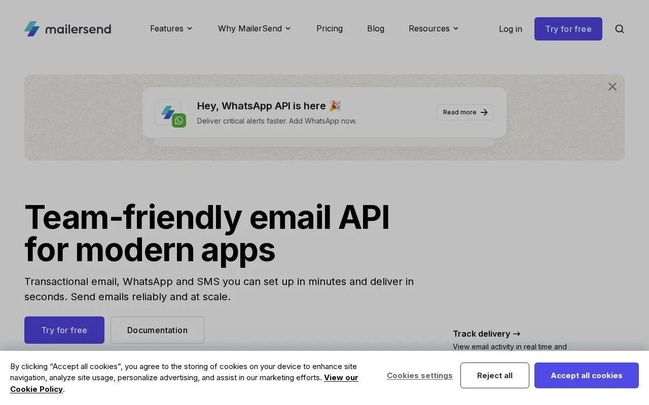 Screenshot of the MailerSend homepage