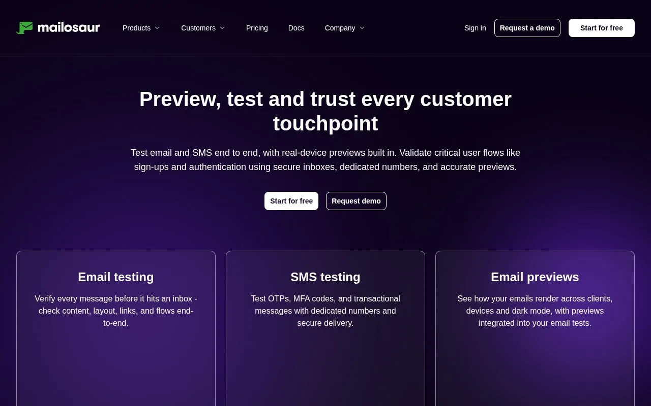 Screenshot of the Mailosaur homepage