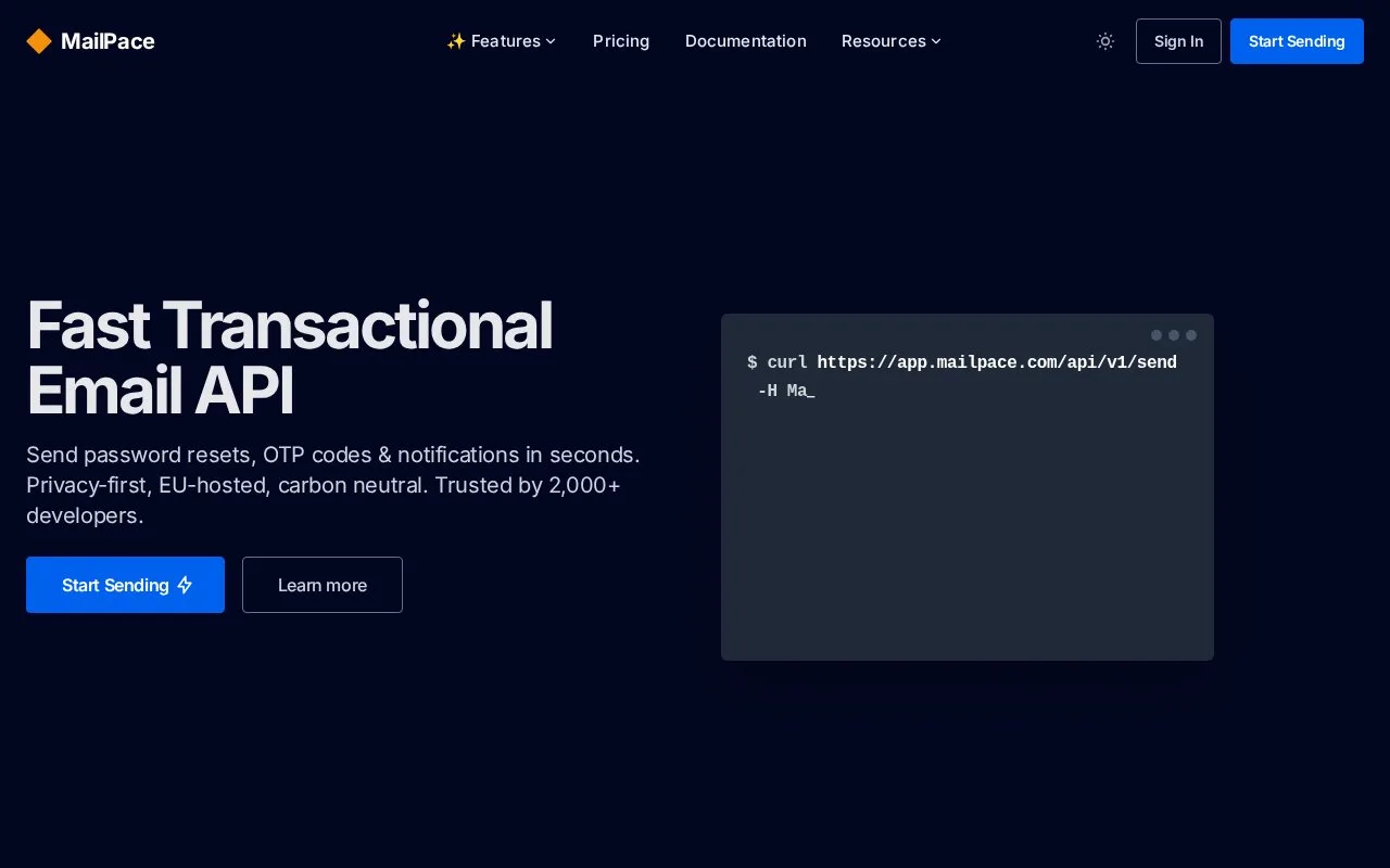 Screenshot of the MailPace homepage
