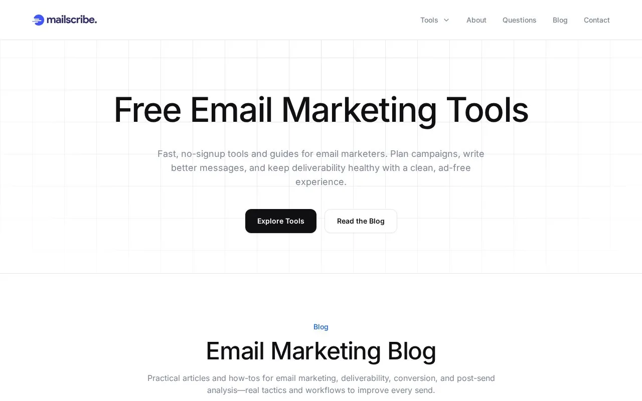Screenshot of the Mailscribe homepage