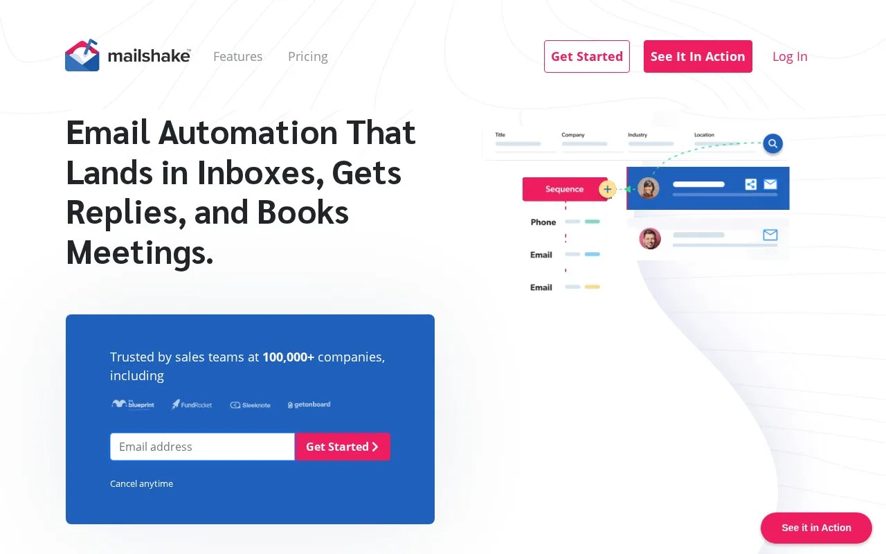 Screenshot of the Mailshake homepage