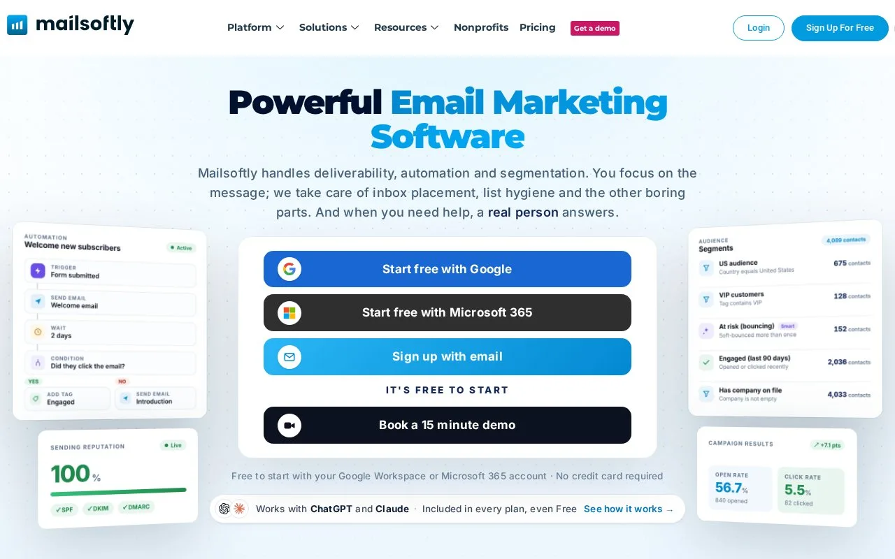Screenshot of the Mailsoftly homepage