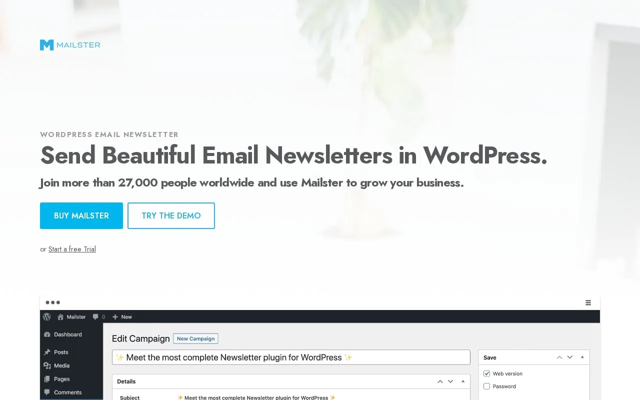 Screenshot of the Mailster homepage