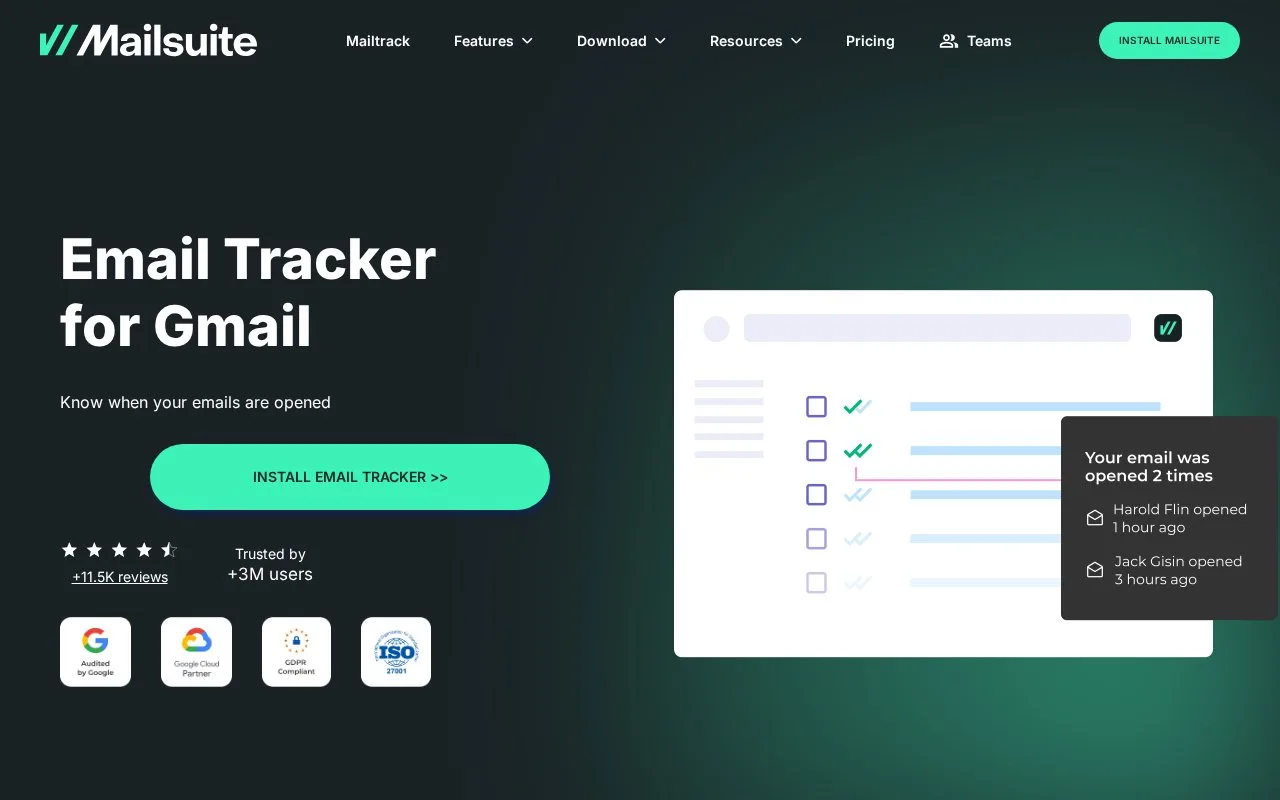 Screenshot of the Mailsuite homepage